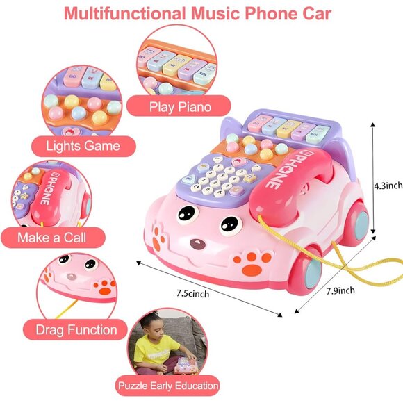 Pink Baby Toy Phone Cartoon Baby Piano Music Light Toy Children Pretend Phone - Picture 2 of 6